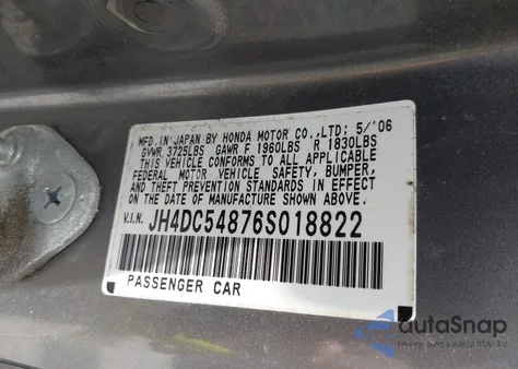 2006 Acura Rsx z USA, uszkodzony, nr VIN JH4DC54876S018822